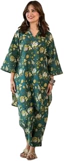 GrezMAA Women's Floral Printed Kaftan Co-ord Set, Teal Green, V-Neck, Bell Sleeves, Ethnic Wear Price In India