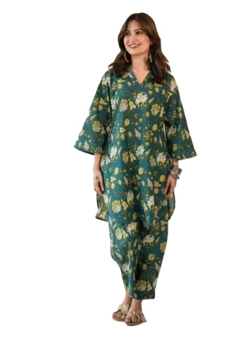 GrezMAA Women's Floral Printed Kaftan Co-ord Set, Teal Green, V-Neck, Bell Sleeves, Ethnic Wear - Review, Price and Buying Guide