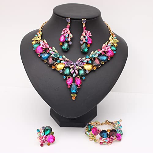 Jewelry Set For Women, Statement Necklace Dangle Earrings Bracelet Ring, White/Kc Gold Plated Jewelry Set With Rhinestone Pearl Crystal Wedding Party Jewelry For Bridal Bridesmaid (Multicolor-Gold Plated) #TOP4