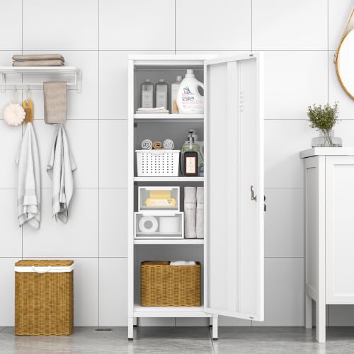 Image of pozdeg 47.24 inch White Lockable Small Metal Storage Locker | Employees Locker 1 Door & 3 Adjustable Shelves, Steel Cabinet for Employees, Home, School, Office & Gym