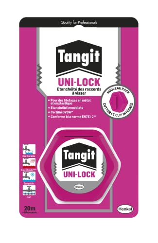 Tangit Uni-Lock, Fil de nylon pour étanchéité des raccords filetés sur tuyaux en métal et en plastique, Fil d'étanchéité pour réseaux de gaz et eau, bobine de 20 M, Blanc