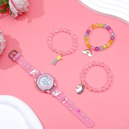 NEWITIN 4 Pieces Girls Watch Bracelets Set Multifunctional 7 Color Lights Digital Sport Alarm Stopwatch 3D Waterproof Unicorn Watch Jewelry Set for Girls 3-10 Years Old Kids4