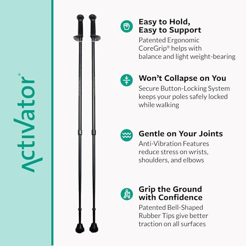 Urban Poling ACTIVATOR® Walking Poles for Balance and Rehabilitation – 1 Pair – Ergonomic CoreGrip™ Handles – Adjustable, Collapsible, and Lightweight for Stability and Recovery in Evening Black