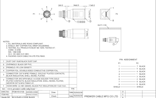 Adaptador Industrial M12 a RJ45 Cat6 Shielded IP67 Negro miniatura 6