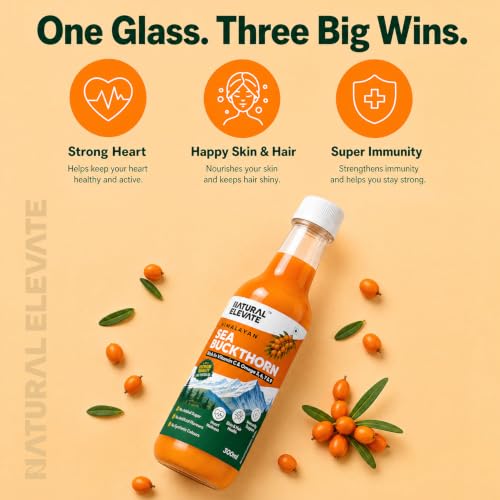 Image of Natural Elevate Pure Himalayan Sea Buckthorn Juice 300ml | Cold-Pressed Sea Buckthorn Pulp Concentrate | Rich in Omega 3, 6, 7 & 9 + Vitamin C | Antioxidant-Rich Nutraceutical | Supports Immunity, Skin, Heart & Gut Health | No Added Sugar | Lab Tested
