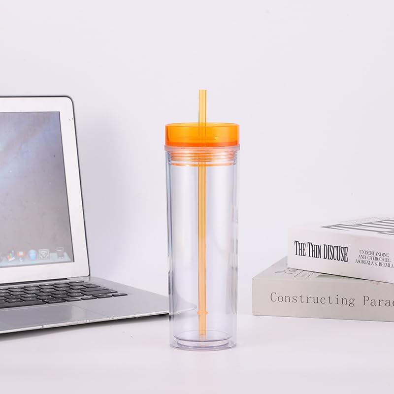 Vista 9 de Vaso de plástico con popote de doble pared con aislamiento de acrílico delgado con popote y tapa, 16 onzas, vaso de agua de moda delgado de doble
