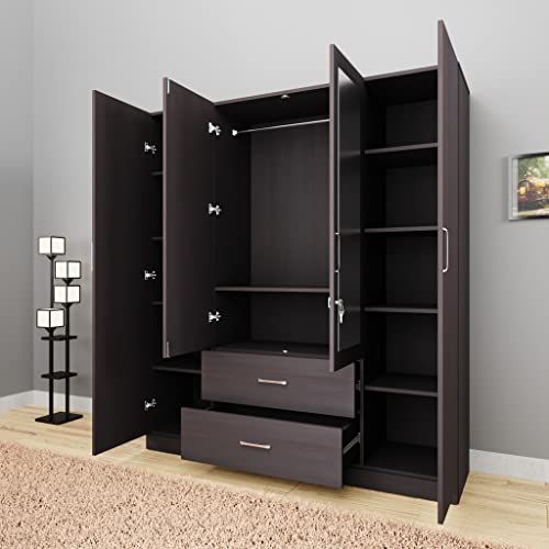 Image of VIKI Wardrobe | Wooden Almirah for Clothes,Door for Bedroom, 4 Door Wardrobe with Drawer, Mirror & Hanging Space (Dark Wenge - 40D x 160W x 180H) | 1 Year Warranty | Free Assembly