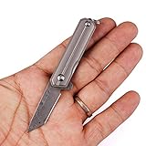 Samior HY004 Mini Little Folding Pocket Flipper Knife, 1.45 inch VG10 Damascus Tanto Blade, Gray 6AL4V Titanium Handles Frame Lock, Micro Small Keychain Necklace EDC Folder Knives, 0.7 oz