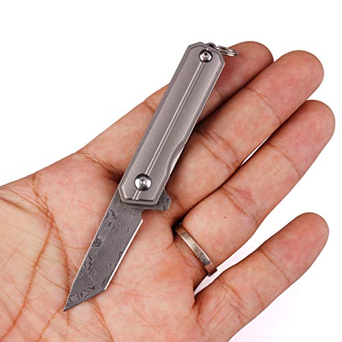 Samior HY004 Mini Little Folding Pocket Flipper Knife, 1.45 inch VG10 Damascus Tanto Blade, Gray 6AL4V Titanium Handles Frame Lock, Micro Small Keychain Necklace EDC Folder Knives, 0.7 oz
