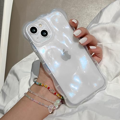 UEEBAI Case for iPhone 15 Pro Max 6.7 inch, Cute Solid Color Curly Wave Shape Shockproof Soft TPU Bumper Phone Case, Candy Color Water Ripple 3D Silicone Slim Pretty Case Non-yellowing Cover, Pearl