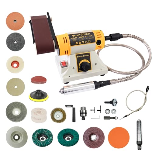 Image of Multifunctional 750W Belt Sander & Rock Polisher Machine with Drill Chuck & Flexible Shaft, Adjustable Speed Bench Belt Grinder for Wood, Metal, Knives, Jewelry, Jade, and Gemstone Crafting