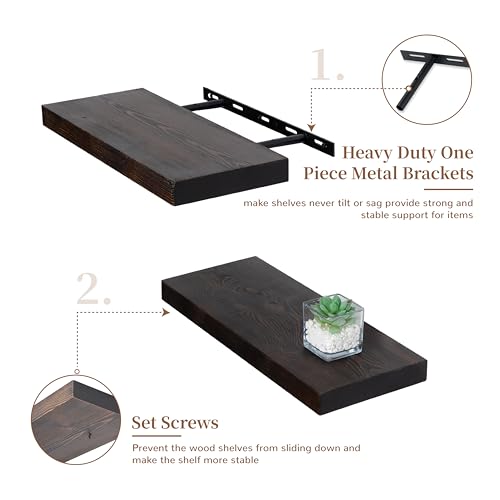 Image of Marsmiles Wood Floating Shelves | Rustic Dark Wood Wall Shelves Set of 2 | 16 inch W x 6.7 inch D Wooden Floating Shelves for Bathroom Kitchen Living Room Bedroom