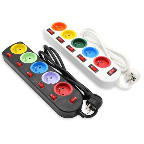 FISHTEC - Lot De 2 Multiprises 5 Prises Couleurs - Interrupteurs Individuels Câble 1,5 m ABS Normes NF Organisation Câbles Réduction Énergie - Usage Bureau...