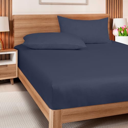 Image of ROYALE LINENS 300 Thread Count 100% Long Staple Combed Cotton Fitted Sheet California King - Super Soft Deep Pocket Bottom Sheet - Fitted Sheets Only - Elastic Sheets (Cal King, Navy)