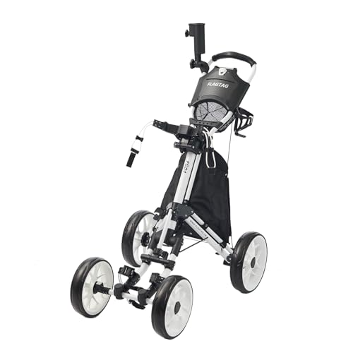 FLAGTAG Golf Push Cart 4-Wheels,Folding Golf Cart, Golf Pull cart with Cup Holder,Umbrella Holder,Cooler Bag, Foldable with one-Click,Handle Height Adjustable,Drink Holder,Walking Push cart
