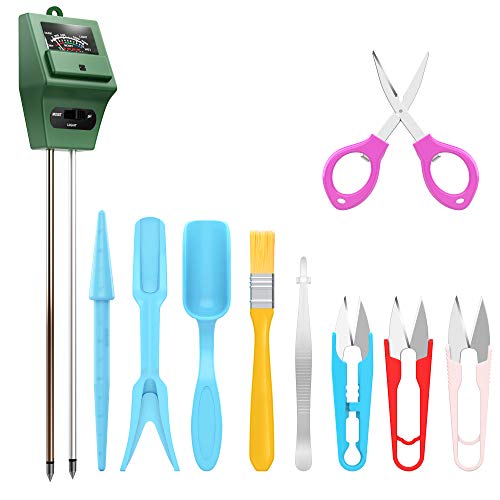 pancellent PH Metro del Terreno con Set di Attrezzi da Giardinaggio per Interni da 9 Pezzi, Sensore di umidità 3-in-1 Luce Solare/PH, Include Potatore, Forbici Pieghevoli, Strumento per Trapianti ECC