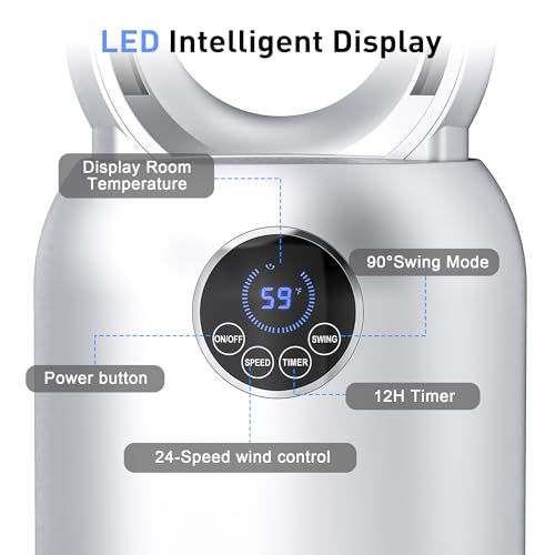 Image of 36 inch Bladeless Tower Fan for Bedroom, Powerful 26ft /s Airflow, 24 Speeds, 90 Oscillation, 12H Timer, Standing Fans with Remote, Quiet Bladeless Cooling Fan for Home Office Room, Light Grey