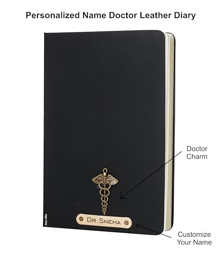 Image of AICA Personalized Name & Charm Doctor Leather Notebook Diary - A5 Size, 180 Ruled Pages (Black) | Customized Gift for Doctors Retirement Farewell Appraisal Birthday For Men Women Girls Boys