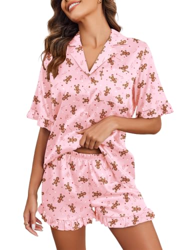 Image of Ekouaer Satin Pajama Set for Women 2 Piece Pj Sets Short Sleeve Sleepwear