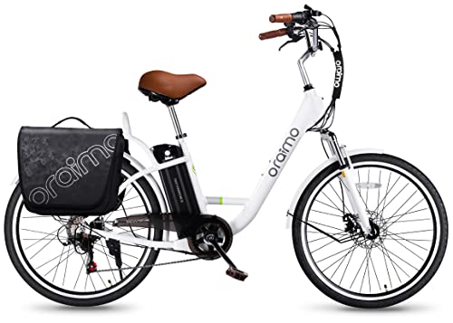 Oraimo Electric Bike For Adults 3A Fast Charge, 36V 10.4Ah Ul-Certified Li-Ion Battery, 350W Brushless Motor, 26" Aluminum Ebike 2X Load Rear Rack, Air Saddle, Shimano 7 Speed (White, With Saddlebag) #TOP13