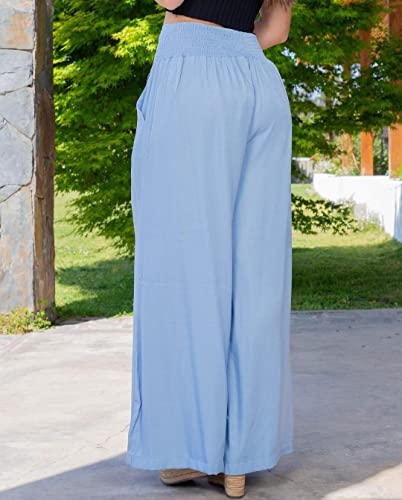 Wide Leg Denim Palazzo Pants for Women Smocked High Waisted Loose Fit Flowy Pants Casual Summer Lounge Trousers with Pockets2