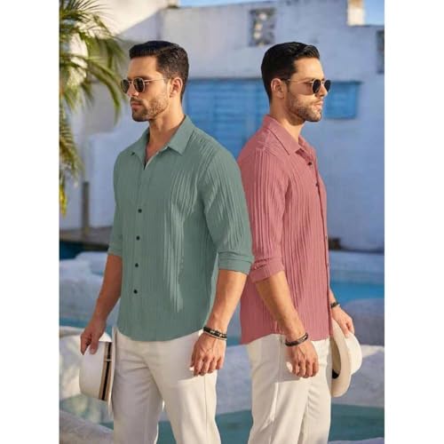 Image of FINIVO FASHION Men's Cotton Blend Shirt Set Lightweight, Full Sleeves, Plain Texture, Button Closure, Summer Ready (Pack of 2)