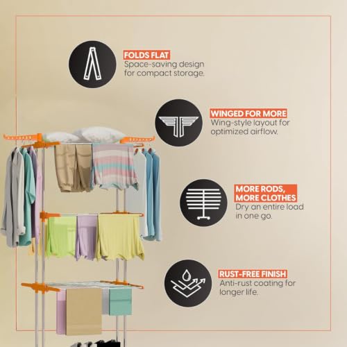 Image of HOUZA Stainless Steel Clothes Drying Stand | 3 Layer Foldable Cloth Dryer Stand with Wheels | 6 Foldable Wings - Orange