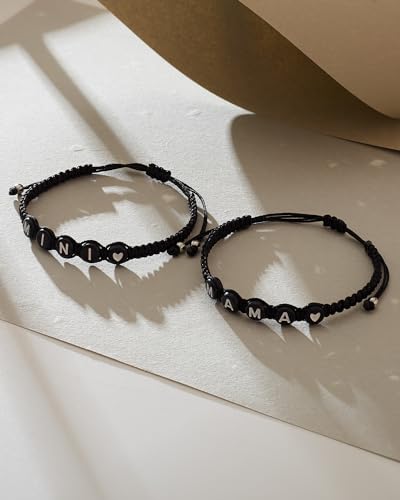 Image of Braided Rope Bracelet Adjustable Jewelry for Family Sisters Mom Grandma BFF | Adjustable black woven rope bracelets with personalized letter engraving.gifts for family, sisters, grandma & best friends
