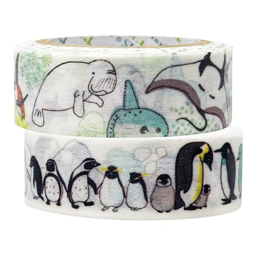 シール堂 Sealdo Ks-mt-12077 Masking Tape, Made in Japan, Shinzi Katoh Water Endangered Species, Penguins, Animals, 0.6 inches (15 mm) Wide, 2.6 ft (7 m) Rolls, Set of 2