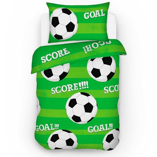 Decoware Kinder-Bettwäsche Bettbezug 120 x 150 cm Kinder Goal, Kissenbezug 40 x 60 cm, Kinderbett-Bezug, Fußball für Juniorbett, 100% Baumwolle,