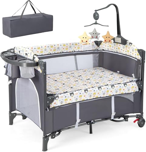 RELAX4LIFE 5 en 1 Cuna Bebé con 5 Alturas Ajustables, Cambiador, Colchón, Caja Música, Juguetes Colgantes y Bolsa de Transporte, Cuna de Viaje con 2 Ruedas Bloqueables para Bebés 0-3 Años (Gris Claro)