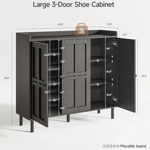 Image of ONBRILL Shoe Cabinet with 3 Doors and Adjustable Shelves, 30 Pairs Shoe Storage Cabinet, 40 Inch Tall Farmhouse Shoe Rack Shoe Organizer Cabinet for Entryway Living Room Closet, Black