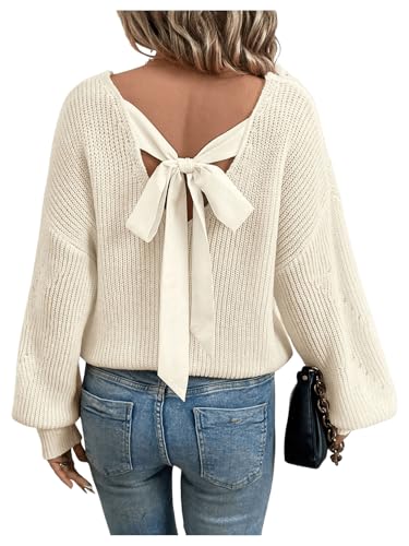 Image of GORGLITTER Women's Bow Fall Sweaters 2025 Cable Knit Chunky Oversized Long Sleeve Backless V Neck Pullover Tops