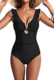 Hanna Nikole Monokini Badeanzug für Damen, V-Ausschnitt, Rüschen, Metallschnalle, taillierter Schnitt für eine schlankmachende Silhouette, Cut-Outs