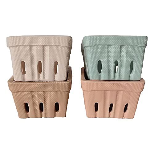 First Of A Kind Stoneware Berry Baskets - Set Of 4 Berry Containers Bowl - Multicolor - 4.25 Inch Square Kitchen Fruit Basket, Ceramic Berry Basket Bins For Veggie, Berry & Fruits (Style 3) #TOP5