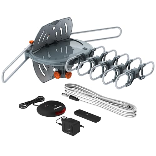 Mornixol TV Antenna Outdoor, 360° Motorized Outdoor Antenna, 150 Miles Long Range Reception, Digital VHF UHF Antenna with Amplifier Signal Booster & Remote Control, for 4K 1080p All HDTVs, Easy Setup