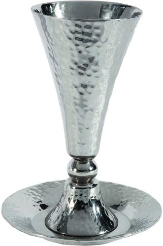 Hammered Aluminum Kiddush Cup with Stem and Plate/Silver