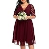 Pinup-Fashion-Womens-Plus-Size-Lace-Top-Wrap-V-Neck-Half-Sleeves-Cocktail-Party-Dress Pinup Fashion Plus Size Cocktail Dresses Women Burgundy Red Lace Top Chiffon Wedding Guest Semi-Formal Maroon Evening Party Wrap Dress