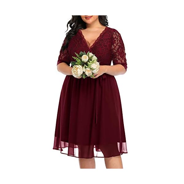 Pinup-Fashion-Womens-Plus-Size-Lace-Top-Wrap-V-Neck-Half-Sleeves-Cocktail-Party-Dress Pinup Fashion Plus Size Cocktail Dresses Women Burgundy Red Lace Top Chiffon Wedding Guest Semi-Formal Maroon Evening Party Wrap Dress