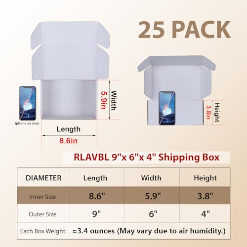Image of RLAVBL 9x6x4 Shipping Boxes Set of 25, White Corrugated Cardboard Box for Packing, Mailing, Business