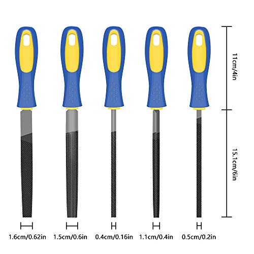 Kalim 5Pcs 6'' High Carbon Steel File, Rasp Set With Soft Rubber Non-Slip Handle, Round/Half Round/Flat/Triangle/Squre, Grinding Hand Tool Set For Wood, Metal, Plastic, Etc. #TOP1