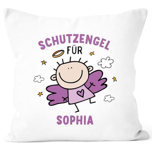 SpecialMe® Kissen-Bezug Schutzengel mit Namen Engel Glücksbringer Glückskissen personalisierte Geschenke Dekokissen Weiss-lila Unisize