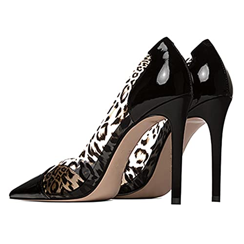 LEHOOR Women Clear Stiletto Pumps Cap Pointed Toe Transparent High Heels PVC Sexy Leopard Slip On Dress Evening Pumps with 5 Inch Thin High Heel Animal Print Closed Toe Sandals Fashion Chic 4-12 M US3