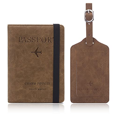 Soporte de piel para pasaporte y etiqueta de equipaje, soporte para pasaporte con ranura para tarjeta de vacuna y etiqueta para equipaje, soporte para pasaporte con etiqueta de maleta, café Cover