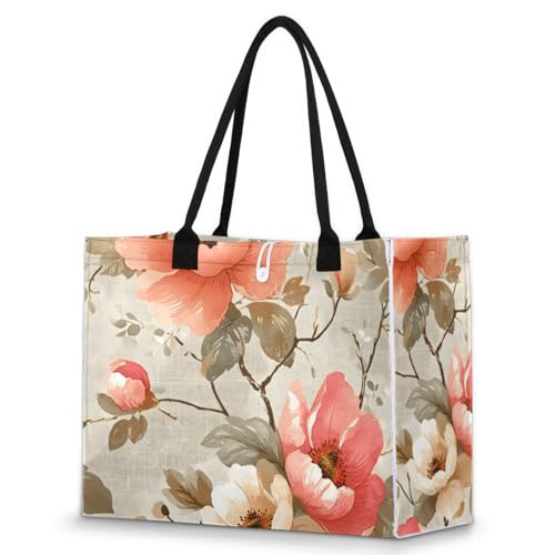 Art Peach Flower Tote Bag for Women Large Beach Bag Reusable Tote Bags for Work Travel Beach Shopping