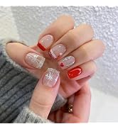 ZASKHLD Christmas Press on Nails Short Square Fake Nails Xmas Red Green Glue on Nails Glssy reen ...