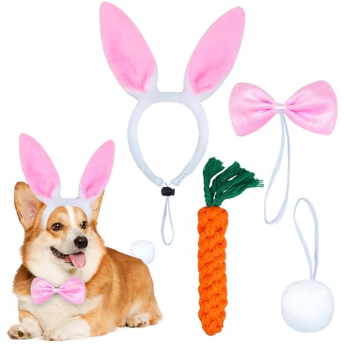 Hunde Ostern Hasenohren Haarreif, 4 Stück Hasenohren Stirnband mit Fliege, Schwanz, Karotte, Verstellbare Kopfschmuck, Haarband, Hundebekleidung Zubehör, Hundekostüm für Karneval Cosplay (Rosa)