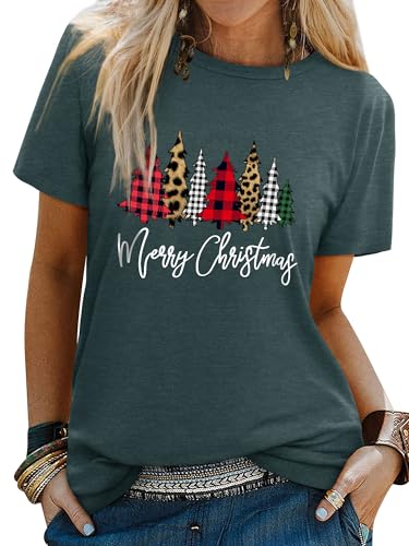 Image of WIEIYM Christmas T Shirts Women's Christmas Tree T-Shirt Ladies' Funny Xmas Tee Shirt Crew Neck Short Sleeve Graphic Print Basic Top Green 2XL