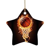 Basketball – Keramik-Anhänger in Sternform – handgefertigte Porzellan-Ornamente, goldene Schnur für Weihnachtsdekoration.