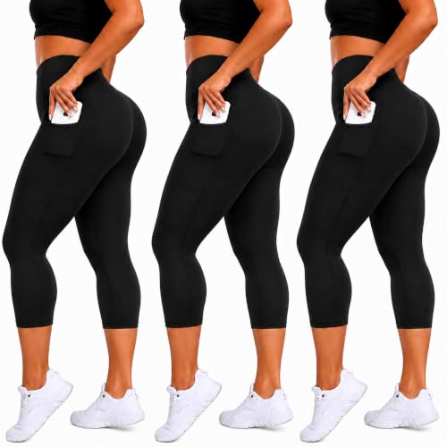 HLTPRO 3 Pack Plus Size Capri Leggings with Pockets for Women - High Waisted Soft Workout Tummy Control Yoga Pants XX-Large